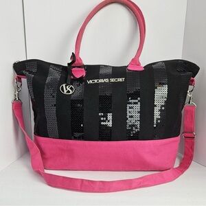 Victoria's Secret Black and Pink Tote Bag with Adjustable Strap